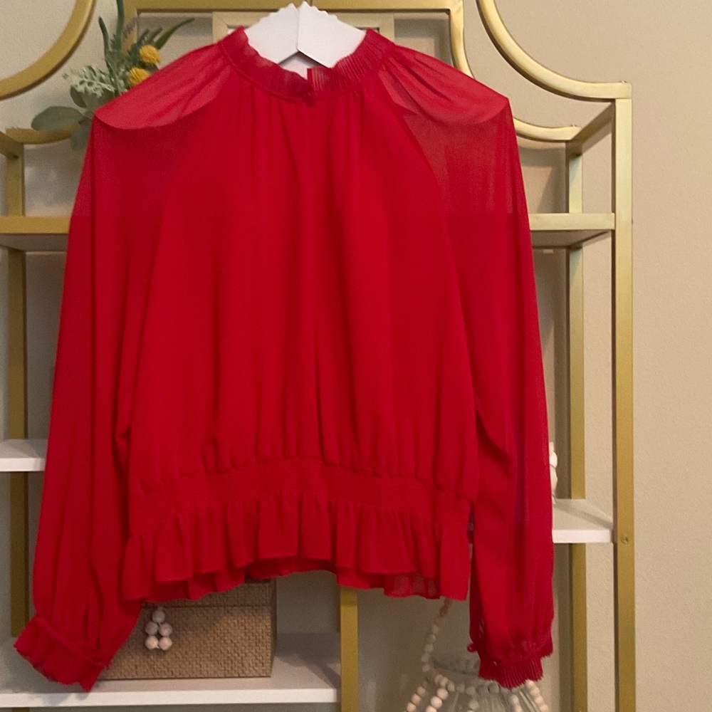 Ann Taylor Red Ruffle-Neck Long Sleeve Blouse